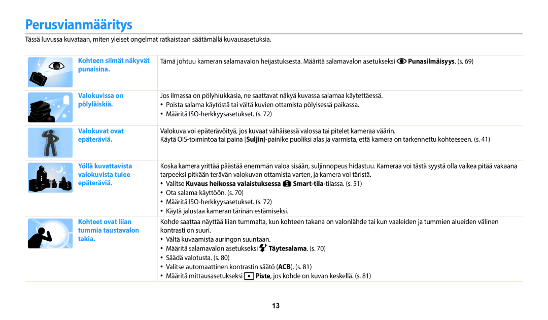 Samsung EC-WB352FBDWE2, EC-WB350FBPWE2, EC-WB50FZBPBE2, EC-WB350FBPRE2, EC-WB350FBPNE2 manual Perusvianmääritys, Täytesalama. s 