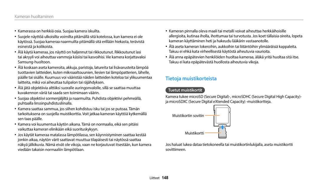 Samsung EC-WB50FZBPRE2, EC-WB350FBPWE2, EC-WB50FZBPBE2, EC-WB350FBPRE2 manual Tietoja muistikorteista, Tuetut muistikortit 