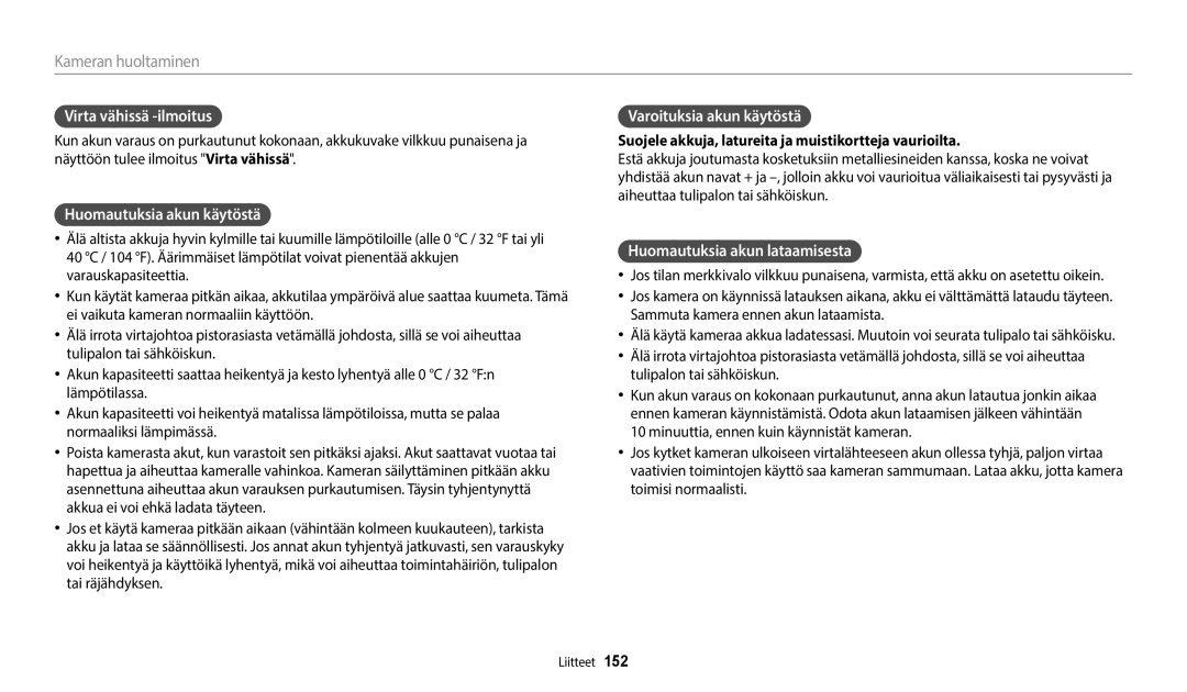 Samsung EC-WB350FBPNE2, EC-WB350FBPWE2 manual Virta vähissä -ilmoitus, Huomautuksia akun käytöstä, Varoituksia akun käytöstä 