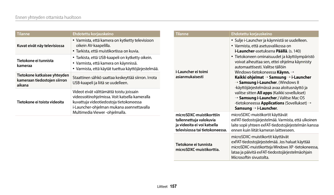 Samsung EC-WB352FBDBE2 Tietokone ei tunnista, Kameraa, Aikana, Launcher ei toimi, Asianmukaisesti, Samsung → i-Launcher 