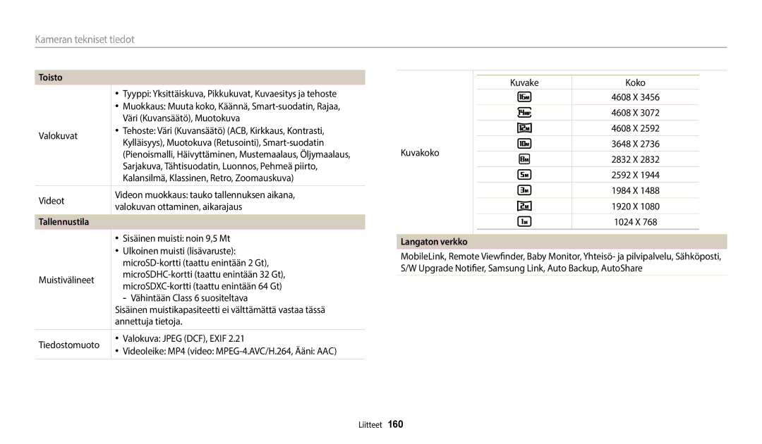 Samsung EC-WB50FZBPBE2, EC-WB350FBPWE2, EC-WB350FBPRE2, EC-WB350FBPNE2, EC-WB352FBDWE2, EC-WB350FBPBE2 manual Tallennustila 