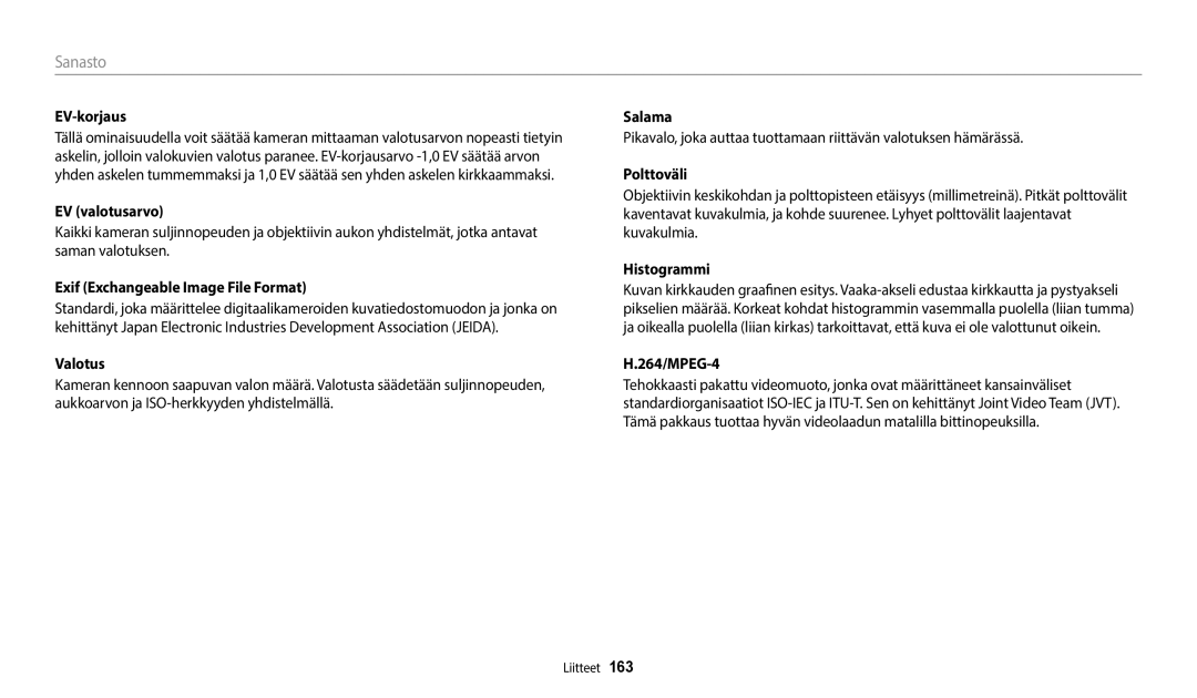 Samsung EC-WB352FBDWE2 manual EV-korjaus, EV valotusarvo, Exif Exchangeable Image File Format, Polttoväli, Histogrammi 