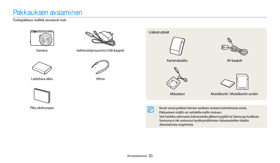 Samsung EC-WB50FZBPBE2 manual Pakkauksen avaaminen, Pika-aloitusopas, Lisävarusteet, KameralaukkuAV-kaapeli Akkulaturi 