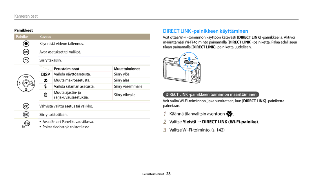 Samsung EC-WB352FBDWE2 Direct Link -painikkeen käyttäminen, Käännä tilanvalitsin asentoon n, Valitse Wi-Fi-toiminto. s 