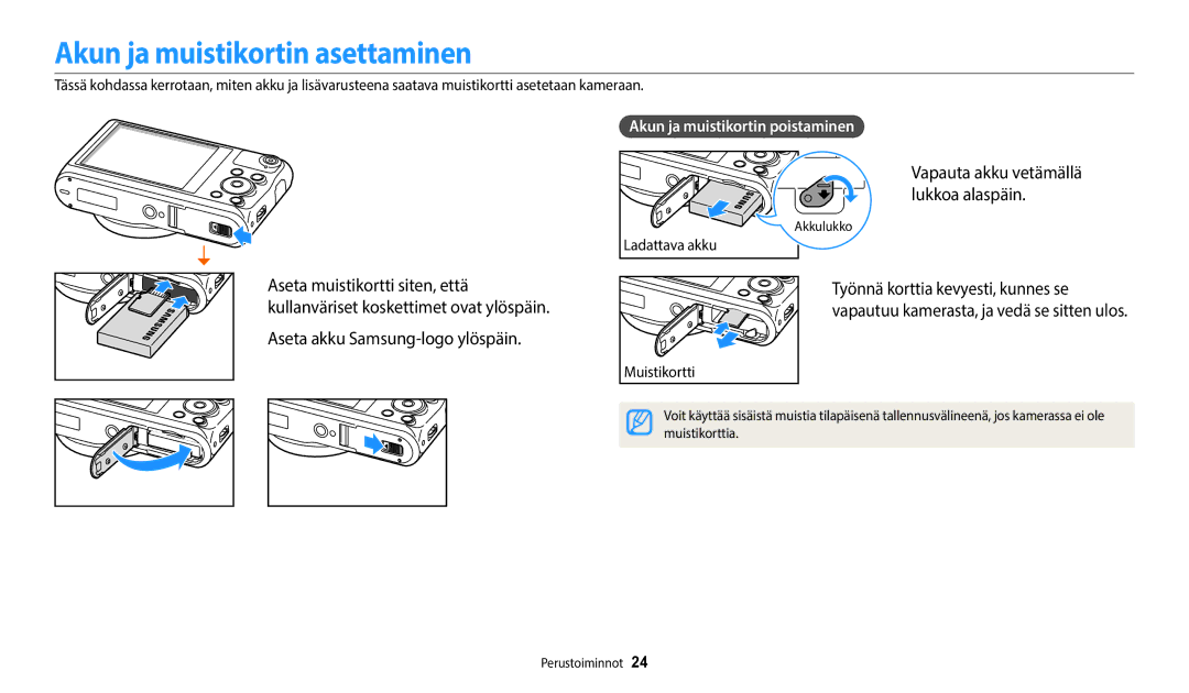 Samsung EC-WB350FBPBE2, EC-WB350FBPWE2, EC-WB50FZBPBE2 Akun ja muistikortin asettaminen, Aseta akku Samsung-logo ylöspäin 