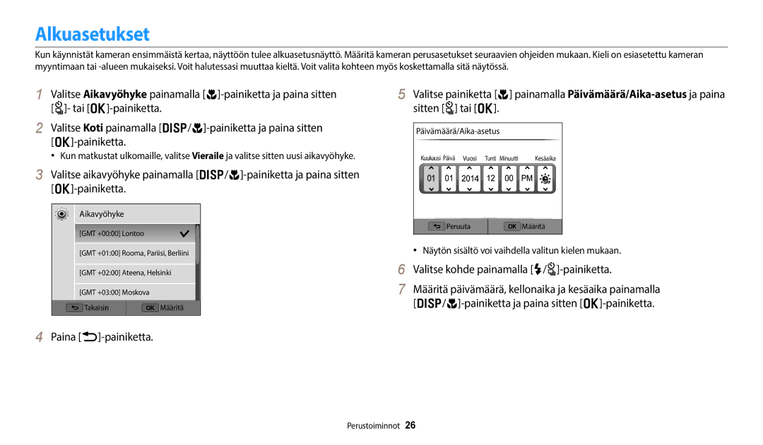 Samsung EC-WB350FBPUE2, EC-WB350FBPWE2 manual Alkuasetukset, Paina b-painiketta, Valitse kohde painamalla F/t-painiketta 