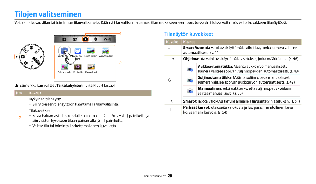 Samsung EC-WB350FBPWE2, EC-WB50FZBPBE2, EC-WB350FBPRE2, EC-WB350FBPNE2 manual Tilojen valitseminen, Tilanäytön kuvakkeet, Nro 