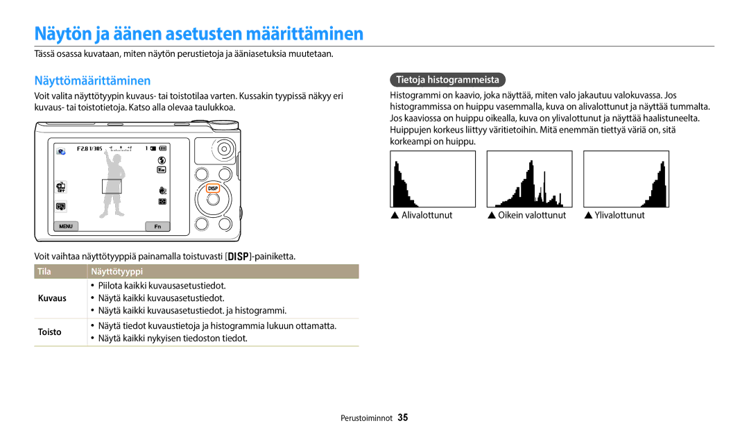 Samsung EC-WB50FZBPWE2 Näytön ja äänen asetusten määrittäminen, Näyttömäärittäminen, Tietoja histogrammeista, Tila, Toisto 