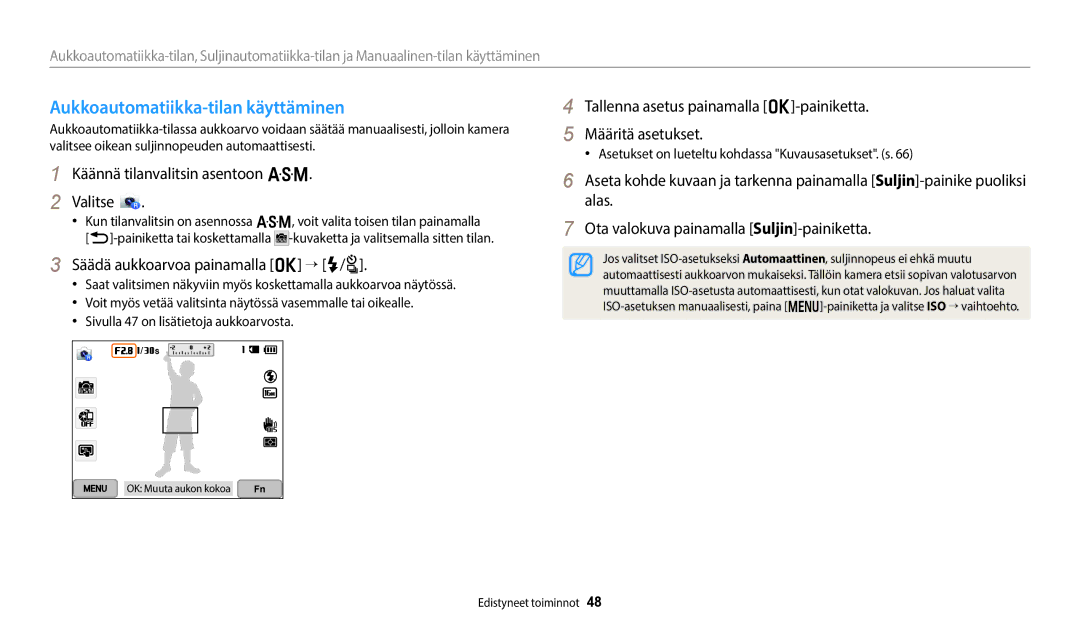 Samsung EC-WB50FZBPRE2, EC-WB350FBPWE2 manual Aukkoautomatiikka-tilan käyttäminen, Käännä tilanvalitsin asentoon G Valitse 