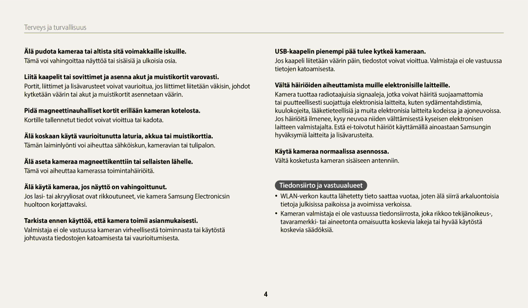 Samsung EC-WB350FBPBE2, EC-WB350FBPWE2, EC-WB50FZBPBE2, EC-WB350FBPRE2, EC-WB350FBPNE2 manual Tiedonsiirto ja vastuualueet 