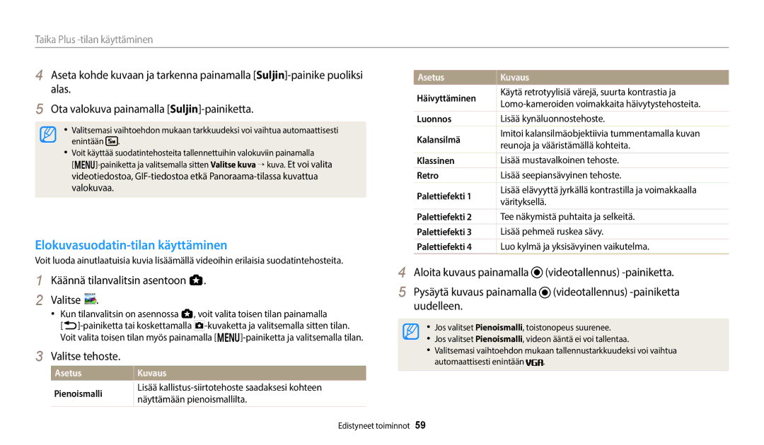 Samsung EC-WB350FBPWE2 Elokuvasuodatin-tilan käyttäminen, Aloita kuvaus painamalla Videotallennus -painiketta, Uudelleen 