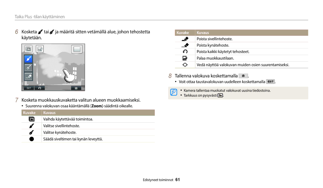 Samsung EC-WB350FBPRE2 manual Suurenna valokuvan osaa kääntämällä Zoom-säädintä oikealle, Vaihda käytettävää toimintoa 