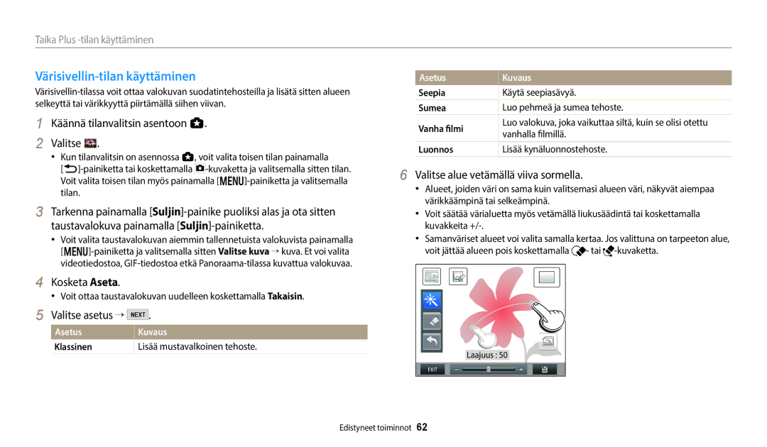 Samsung EC-WB350FBPNE2 manual Värisivellin-tilan käyttäminen, Valitse asetus →, Valitse alue vetämällä viiva sormella 