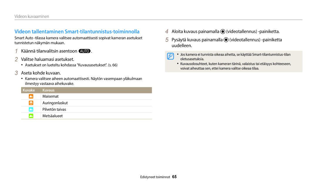 Samsung EC-WB50FZBPWE2, EC-WB350FBPWE2, EC-WB50FZBPBE2, EC-WB350FBPRE2 Videon tallentaminen Smart-tilantunnistus-toiminnolla 