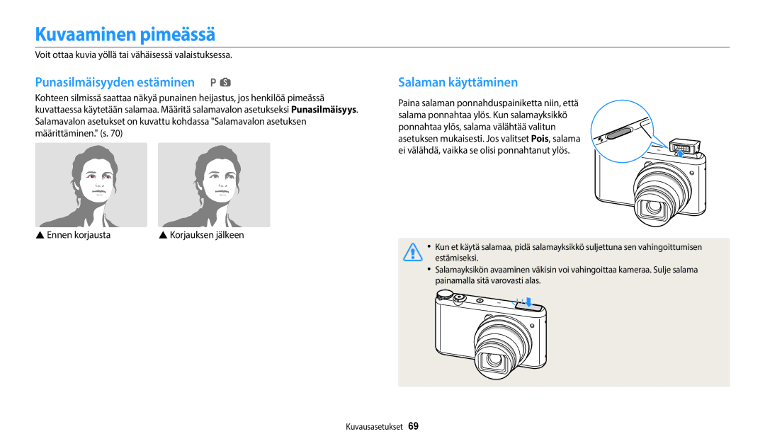 Samsung EC-WB350FBPWE2, EC-WB50FZBPBE2 manual Kuvaaminen pimeässä, Punasilmäisyyden estäminen p s, Salaman käyttäminen 