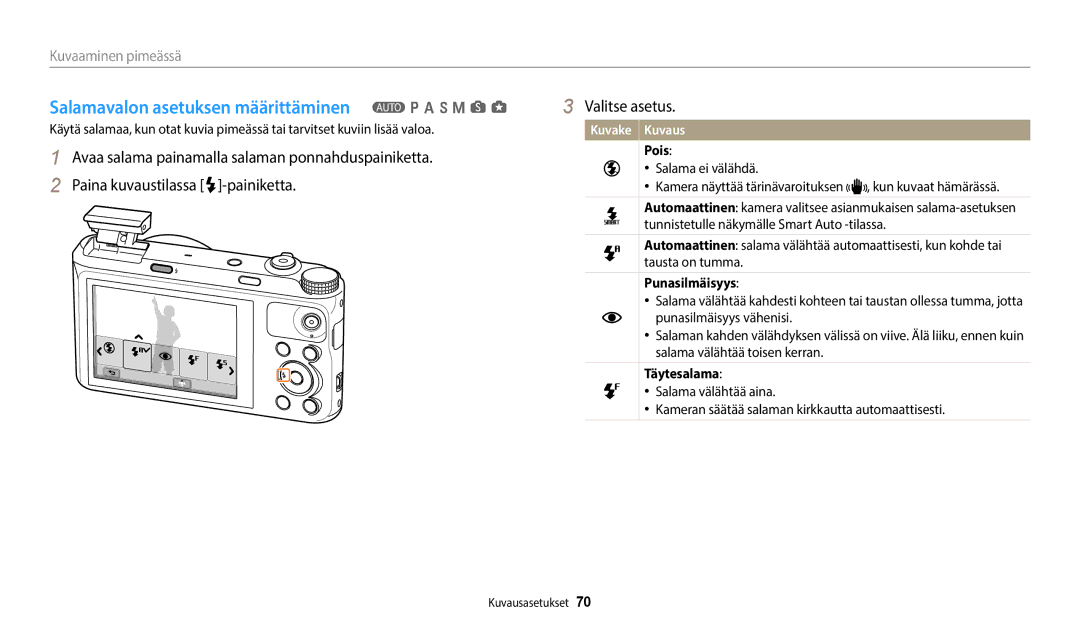 Samsung EC-WB50FZBPBE2 manual Salamavalon asetuksen määrittäminen T p a h M s g, Pois, Punasilmäisyys, Täytesalama 