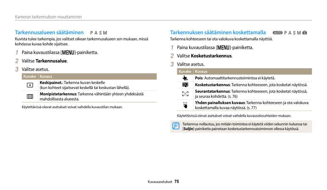 Samsung EC-WB50FZBPWE2 manual Tarkennusalueen säätäminen p a h M, Tarkennuksen säätäminen koskettamalla T p a h M s 