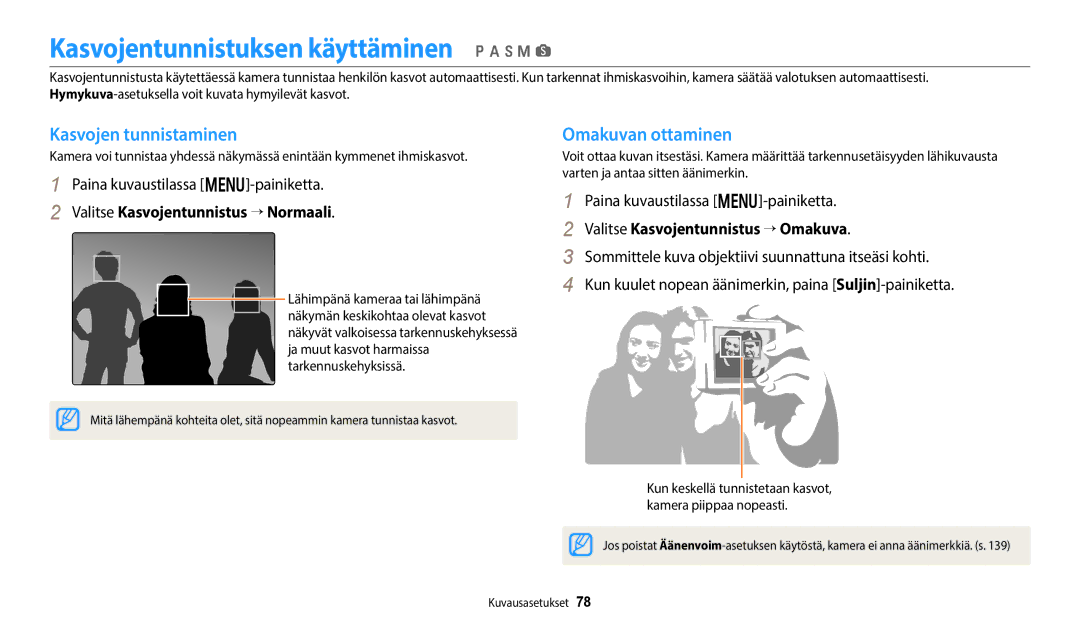 Samsung EC-WB50FZBPRE2 manual Kasvojentunnistuksen käyttäminen p a h M s, Kasvojen tunnistaminen, Omakuvan ottaminen 