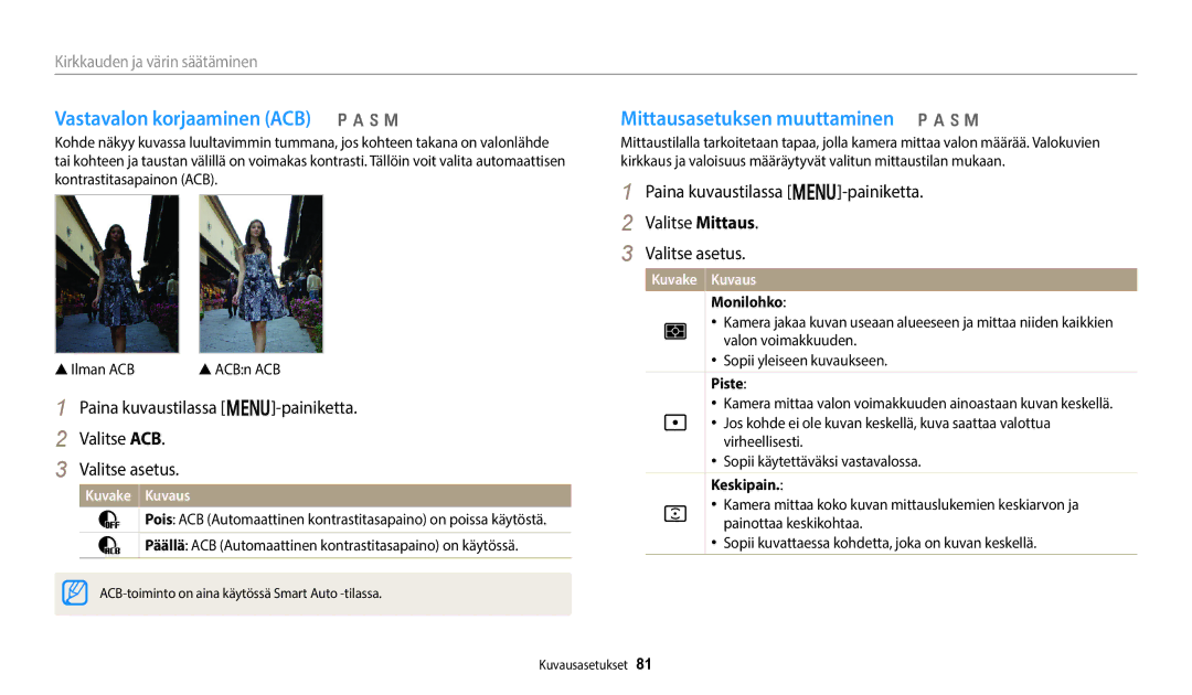 Samsung EC-WB350FBPRE2, EC-WB350FBPWE2 manual Vastavalon korjaaminen ACB p a h M, Mittausasetuksen muuttaminen p a h M 