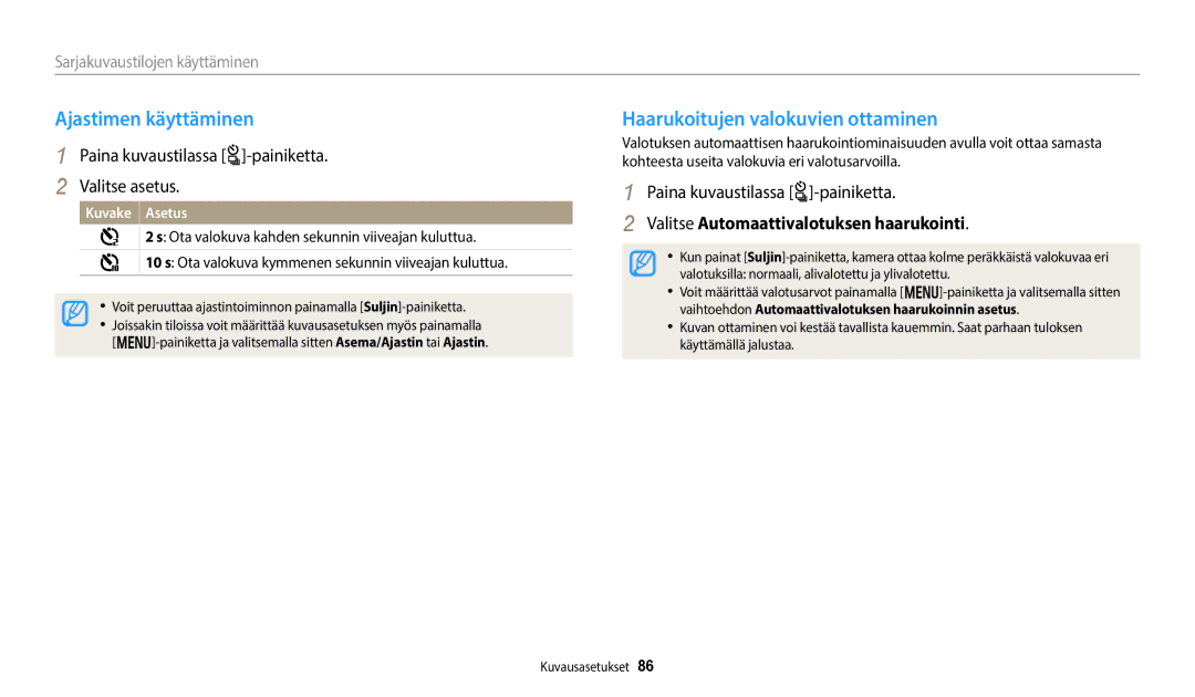 Samsung EC-WB350FBPUE2 manual Ajastimen käyttäminen, Haarukoitujen valokuvien ottaminen, Paina kuvaustilassa t-painiketta 