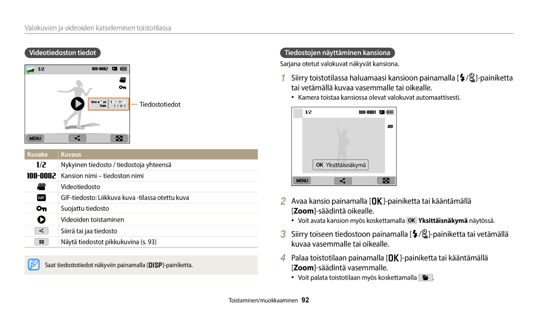 Samsung EC-WB350FBPNE2 manual Tai vetämällä kuvaa vasemmalle tai oikealle, Sarjana otetut valokuvat näkyvät kansiona 