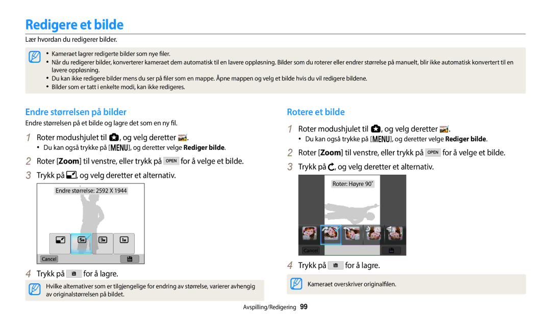 Samsung EC-WB350FBPWE2 manual Redigere et bilde, Endre størrelsen på bilder, Rotere et bilde, Trykk på for å lagre 