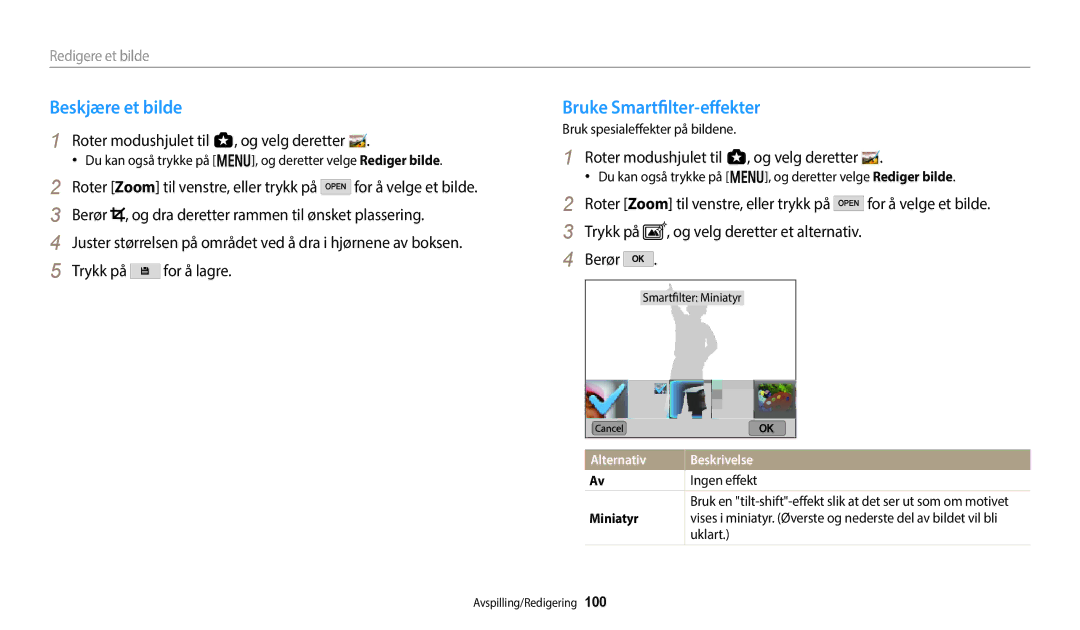 Samsung EC-WB50FZBPBE2 manual Beskjære et bilde, Bruke Smartfilter-effekter, Bruk spesialeffekter på bildene, Ingen effekt 