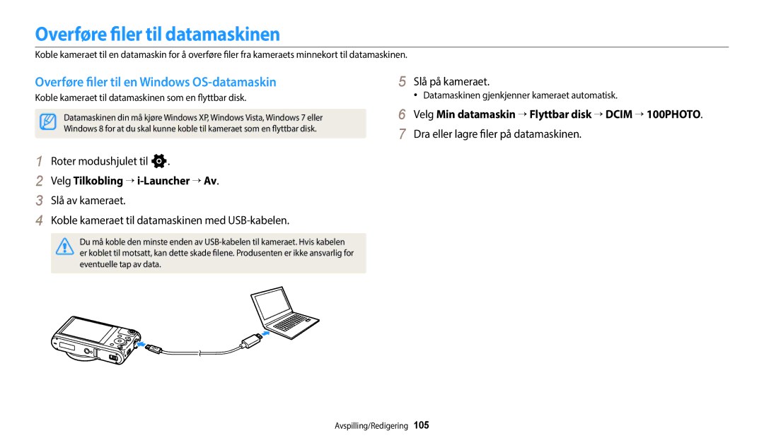 Samsung EC-WB50FZBPWE2, EC-WB350FBPWE2 manual Overføre filer til datamaskinen, Overføre filer til en Windows OS-datamaskin 