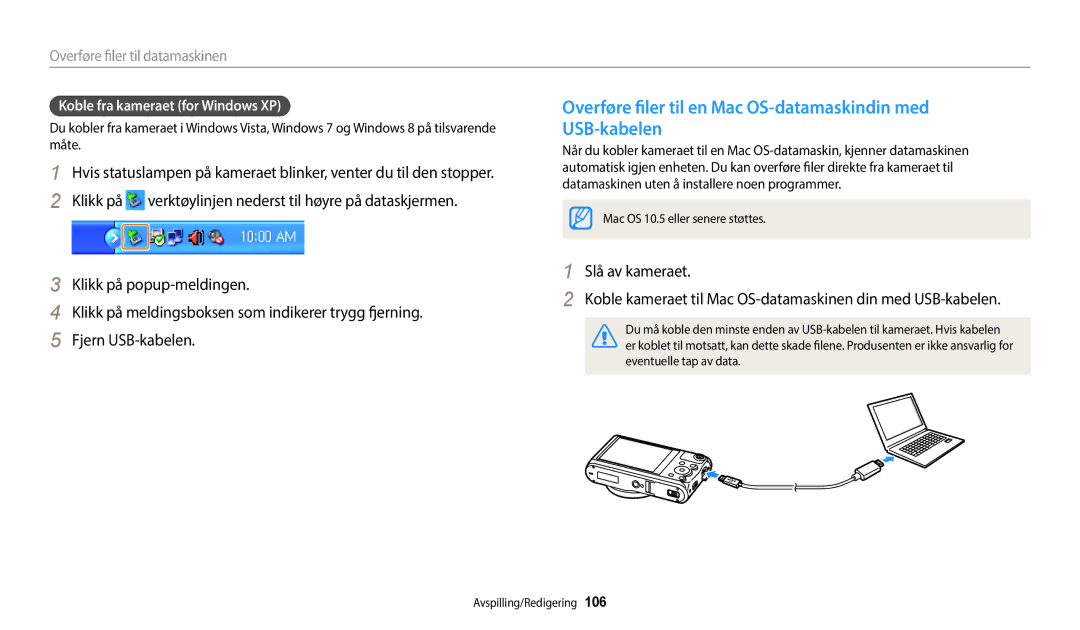 Samsung EC-WB350FBPUE2 manual Overføre filer til en Mac OS-datamaskindin med USB-kabelen, Koble fra kameraet for Windows XP 