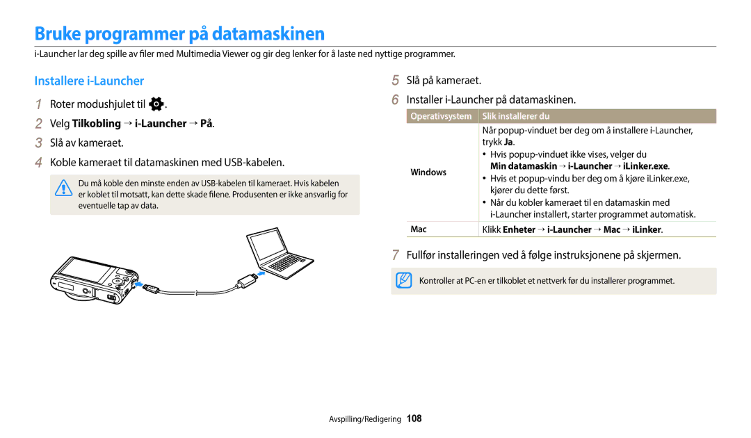 Samsung EC-WB50FZBPRE2 manual Bruke programmer på datamaskinen, Installere i-Launcher, Velg Tilkobling → i-Launcher → På 