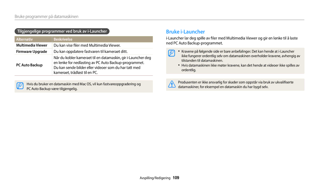 Samsung EC-WB350FBPWE2, EC-WB50FZBPBE2 Bruke i-Launcher, Tilgjengelige programmer ved bruk av i-Launcher, PC Auto Backup 