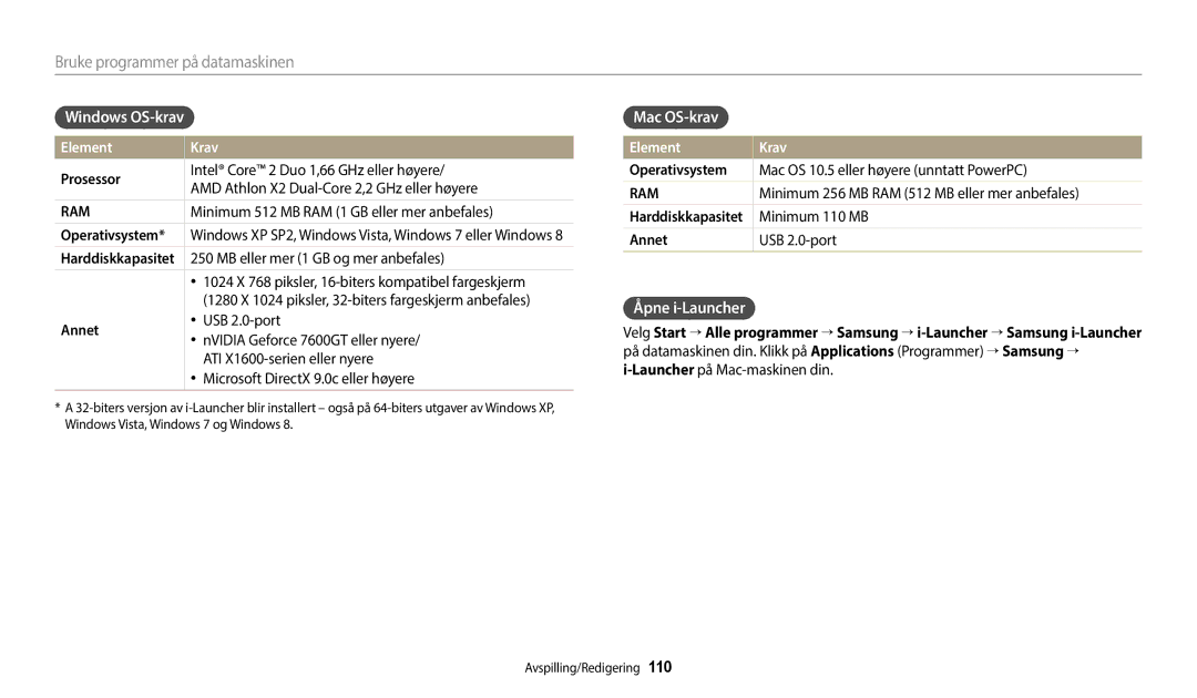 Samsung EC-WB50FZBPBE2, EC-WB350FBPWE2, EC-WB350FBPRE2 manual Windows OS-krav, Mac OS-krav, Åpne i-Launcher, Element Krav 