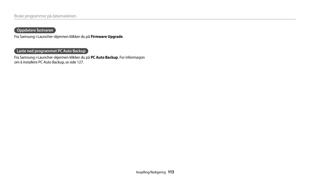Samsung EC-WB352FBDWE2, EC-WB350FBPWE2, EC-WB50FZBPBE2 manual Oppdatere fastvaren, Laste ned programmet PC Auto Backup 
