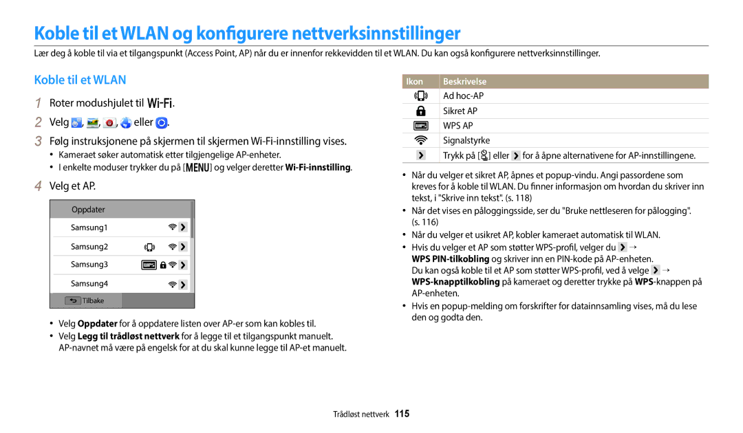 Samsung EC-WB50FZBPWE2, EC-WB350FBPWE2, EC-WB50FZBPBE2 Koble til et Wlan og konfigurere nettverksinnstillinger, Velg et AP 