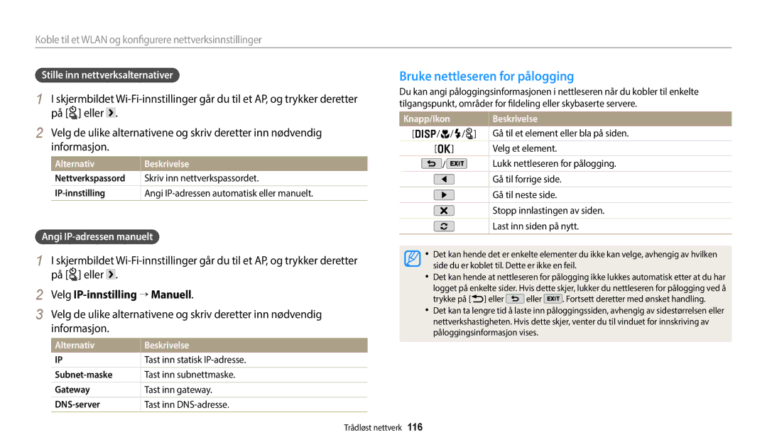 Samsung EC-WB350FBPUE2 Bruke nettleseren for pålogging, Velg IP-innstilling → Manuell, Stille inn nettverksalternativer 