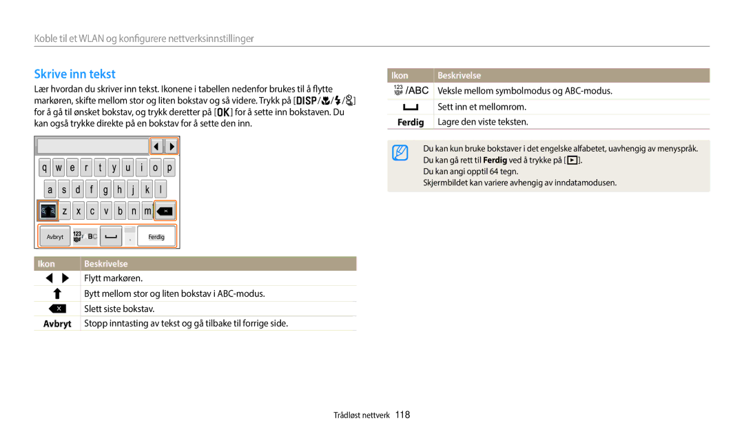 Samsung EC-WB50FZBPRE2 manual Skrive inn tekst, Veksle mellom symbolmodus og ABC-modus, Sett inn et mellomrom, Ferdig 