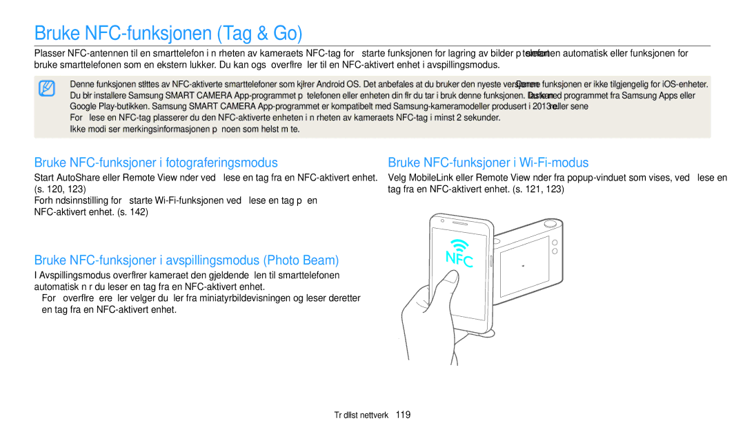 Samsung EC-WB350FBPWE2, EC-WB50FZBPBE2 manual Bruke NFC-funksjonen Tag & Go, Bruke NFC-funksjoner i fotograferingsmodus 