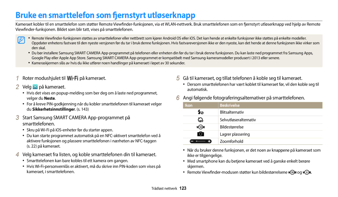 Samsung EC-WB352FBDWE2, EC-WB350FBPWE2, EC-WB50FZBPBE2, EC-WB350FBPRE2 Bruke en smarttelefon som fjernstyrt utløserknapp 