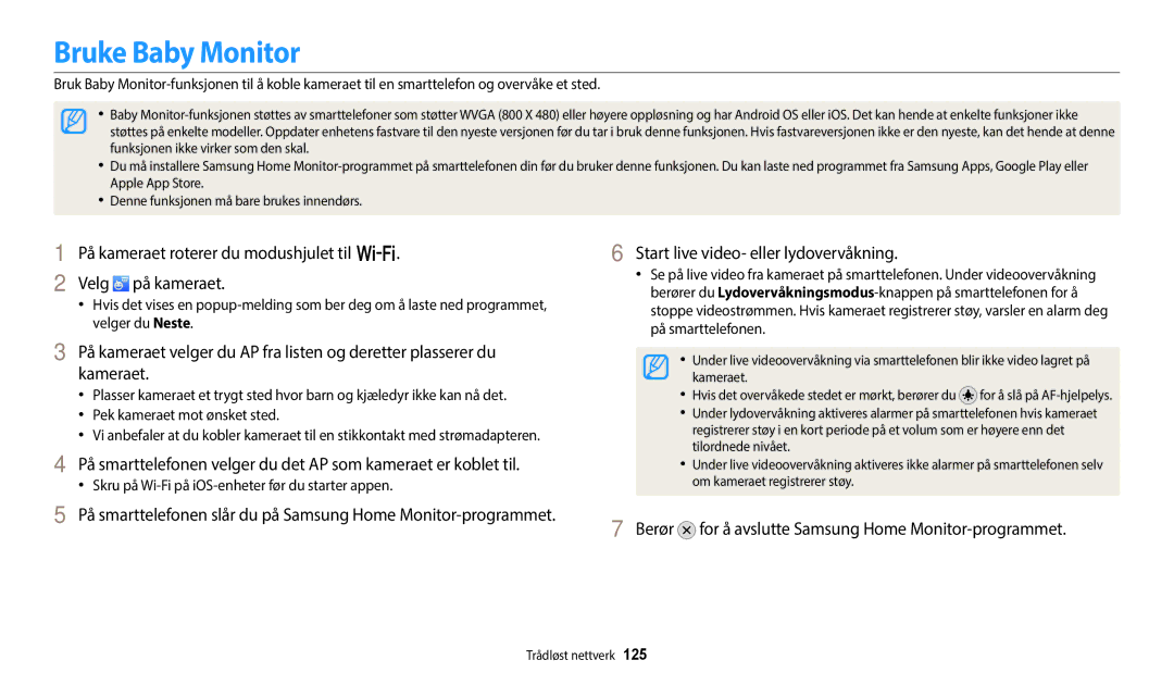 Samsung EC-WB50FZBPWE2, EC-WB350FBPWE2 manual Bruke Baby Monitor, På kameraet roterer du modushjulet til w Velg på kameraet 