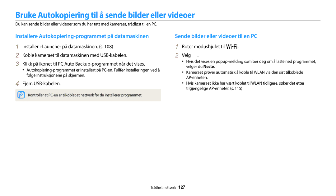 Samsung EC-WB352FBDBE2 manual Bruke Autokopiering til å sende bilder eller videoer, Sende bilder eller videoer til en PC 