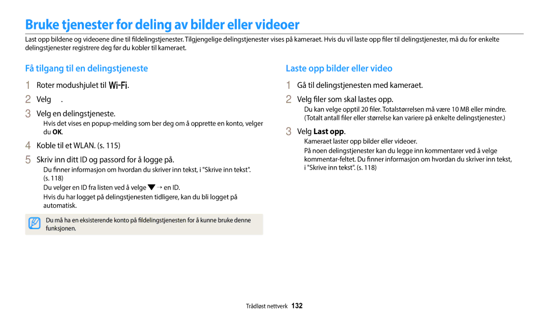 Samsung EC-WB350FBPNE2 manual Bruke tjenester for deling av bilder eller videoer, Få tilgang til en delingstjeneste 