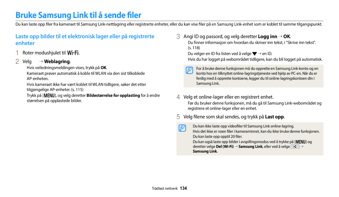 Samsung EC-WB350FBPBE2, EC-WB350FBPWE2, EC-WB50FZBPBE2 manual Bruke Samsung Link til å sende filer, Velg → Weblagring 