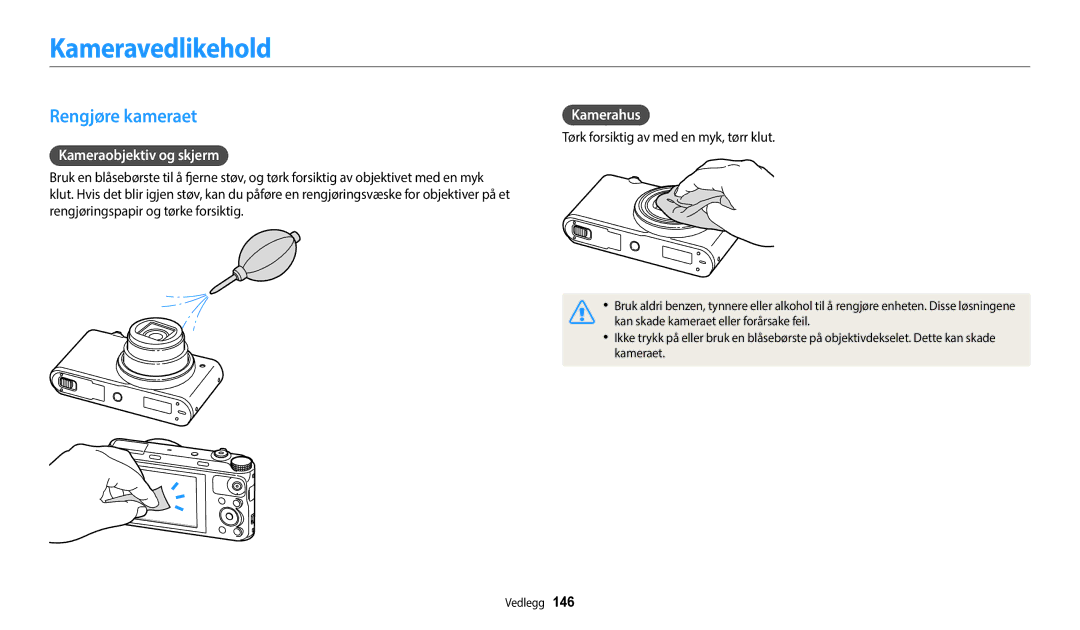 Samsung EC-WB350FBPUE2, EC-WB350FBPWE2 manual Kameravedlikehold, Rengjøre kameraet, Kameraobjektiv og skjerm, Kamerahus 