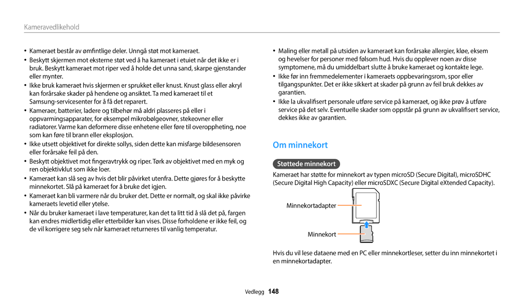 Samsung EC-WB50FZBPRE2, EC-WB350FBPWE2, EC-WB50FZBPBE2, EC-WB350FBPRE2, EC-WB350FBPNE2 manual Om minnekort, Støttede minnekort 