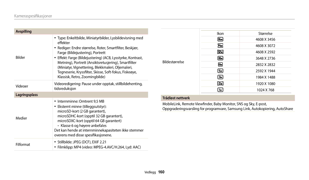 Samsung EC-WB50FZBPBE2, EC-WB350FBPWE2, EC-WB350FBPRE2, EC-WB350FBPNE2, EC-WB352FBDWE2 manual Lagringsplass, Trådløst nettverk 