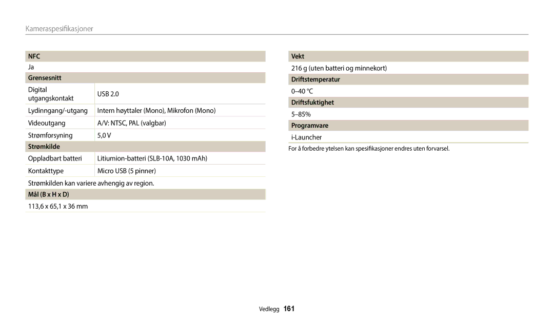 Samsung EC-WB350FBPRE2 manual Grensesnitt, Strømkilde, Mål B x H x D, Vekt, Driftstemperatur, Driftsfuktighet, Programvare 