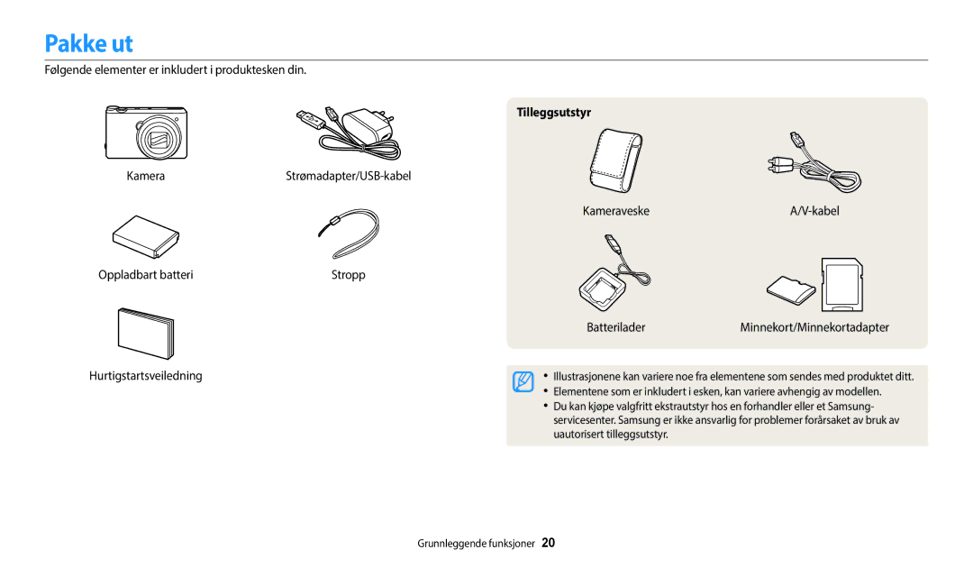 Samsung EC-WB50FZBPBE2, EC-WB350FBPWE2, EC-WB350FBPRE2, EC-WB350FBPNE2 manual Pakke ut, Hurtigstartsveiledning, Tilleggsutstyr 