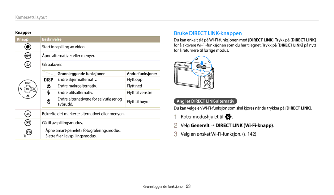 Samsung EC-WB352FBDWE2 manual Bruke Direct LINK-knappen, Roter modushjulet til n, Velg Generelt → Direct Link Wi-Fi-knapp 