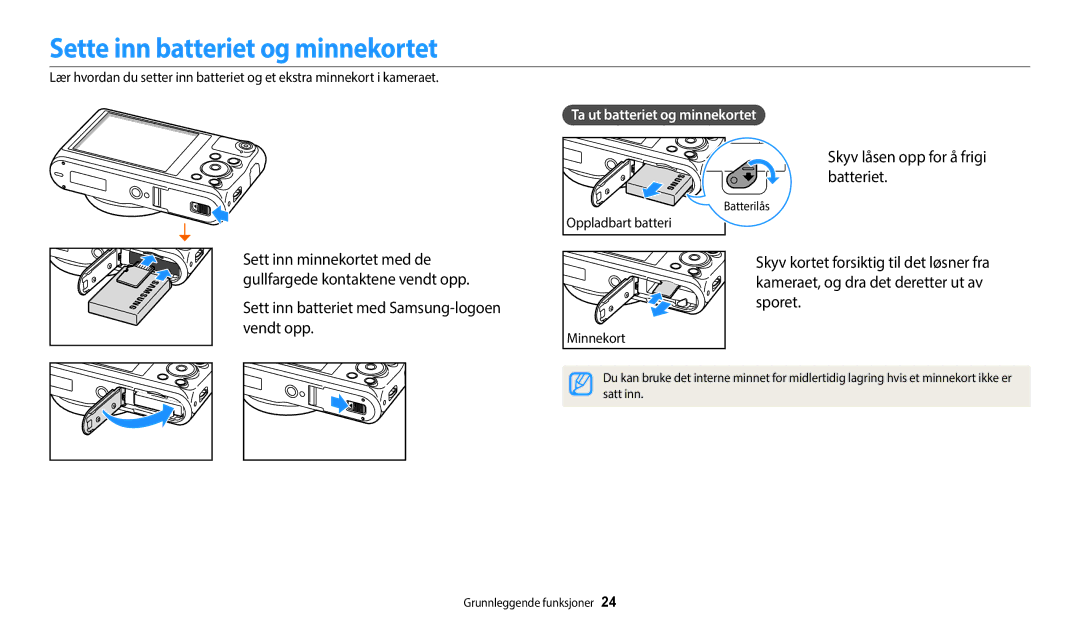 Samsung EC-WB350FBPBE2, EC-WB350FBPWE2 manual Sette inn batteriet og minnekortet, Skyv låsen opp for å frigi batteriet 