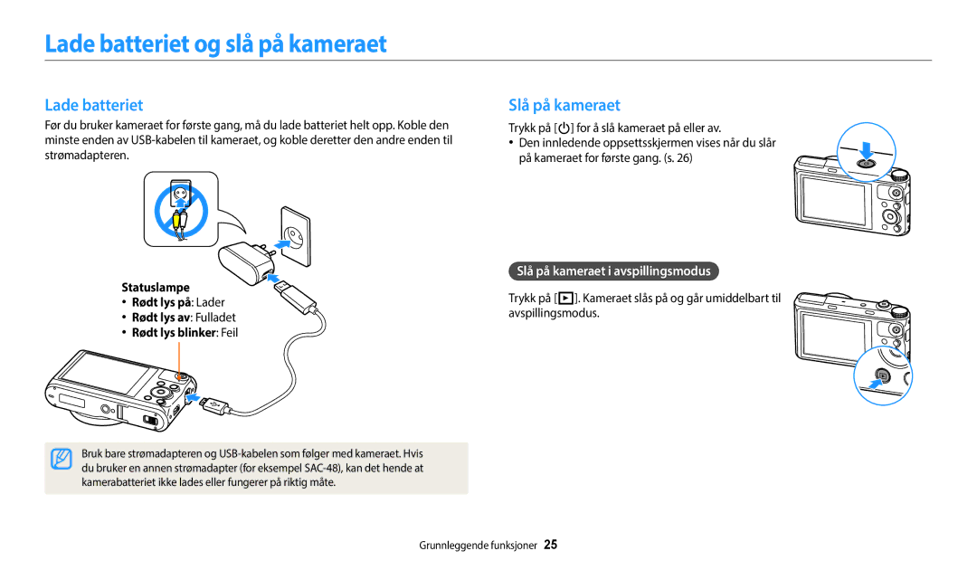 Samsung EC-WB50FZBPWE2, EC-WB350FBPWE2 manual Lade batteriet og slå på kameraet, Slå på kameraet i avspillingsmodus 